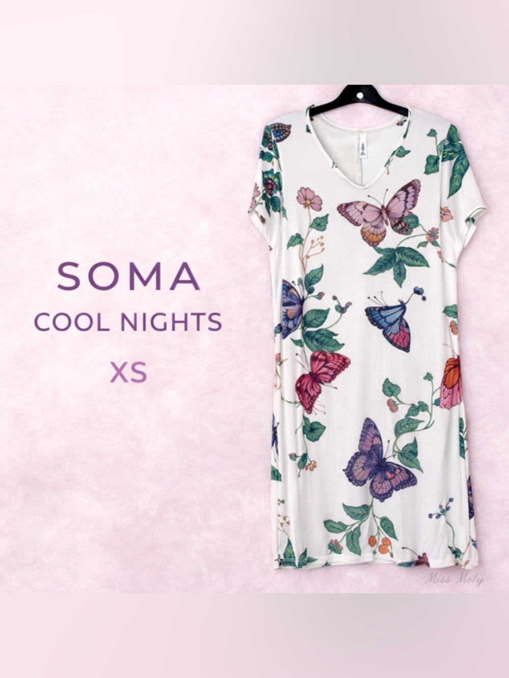 Soma Cool Nights Butterfly Print Sleep Dress XS Soft Rayon Stretch Nightgown